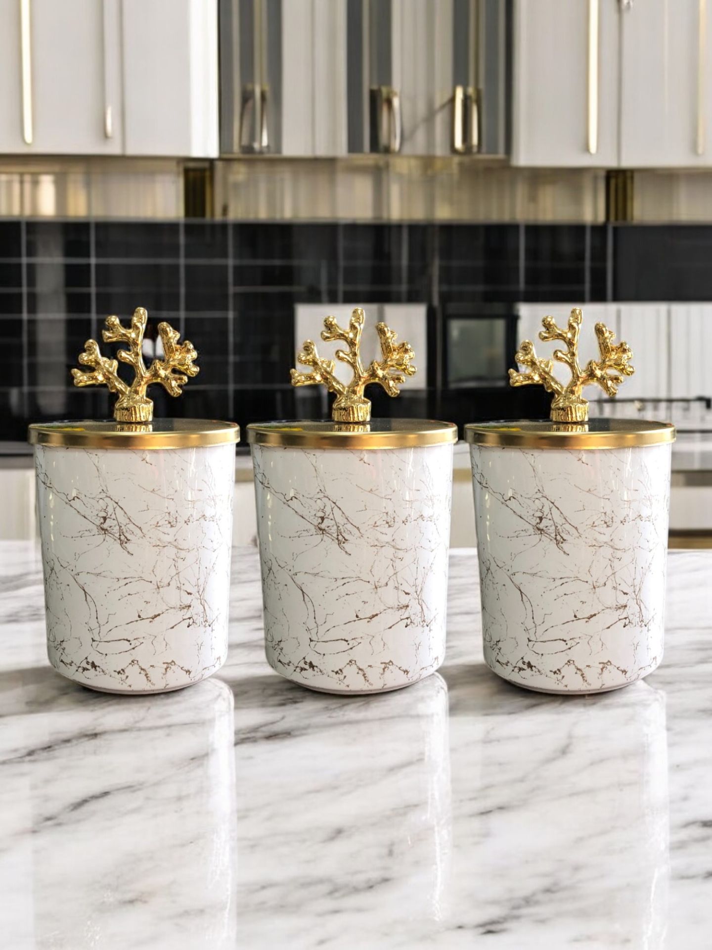 Baharatlık 3 lü Set Kahve Köşesi Beyaz Gold Mermer Gold Mercan