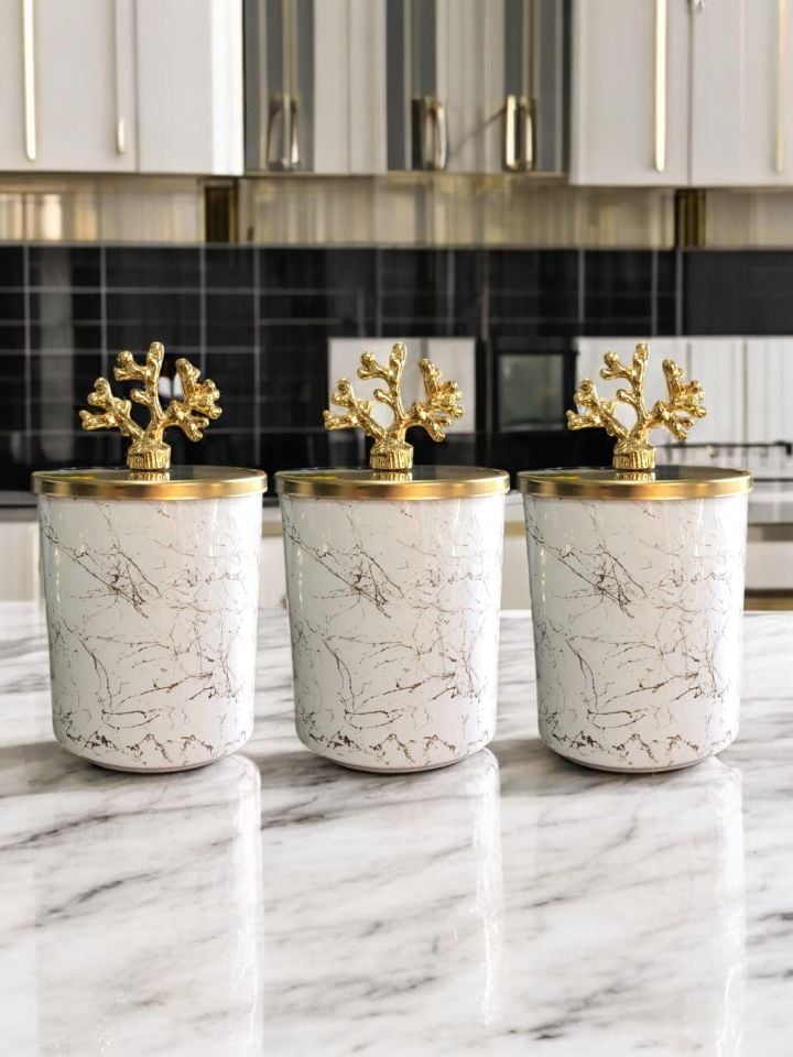Baharatlık 3 lü Set Kahve Köşesi Beyaz Gold Mermer Gold Mercan
