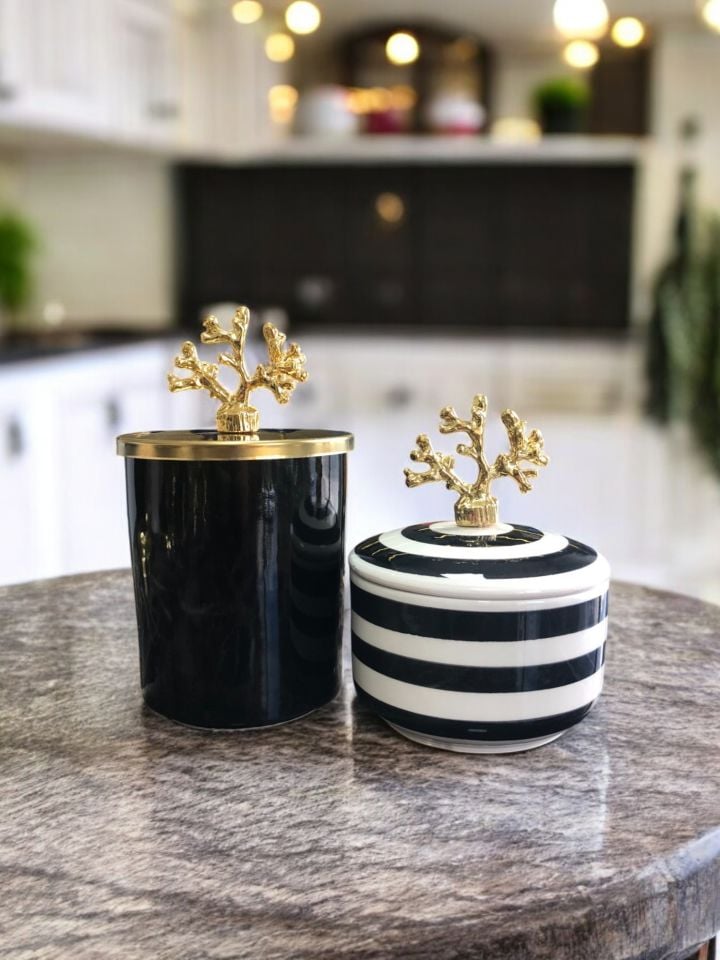 Dekoratif Mutfak Aksesuarı 2 li Siyah Silindir Siyah Zebra Obje Gold Mercan