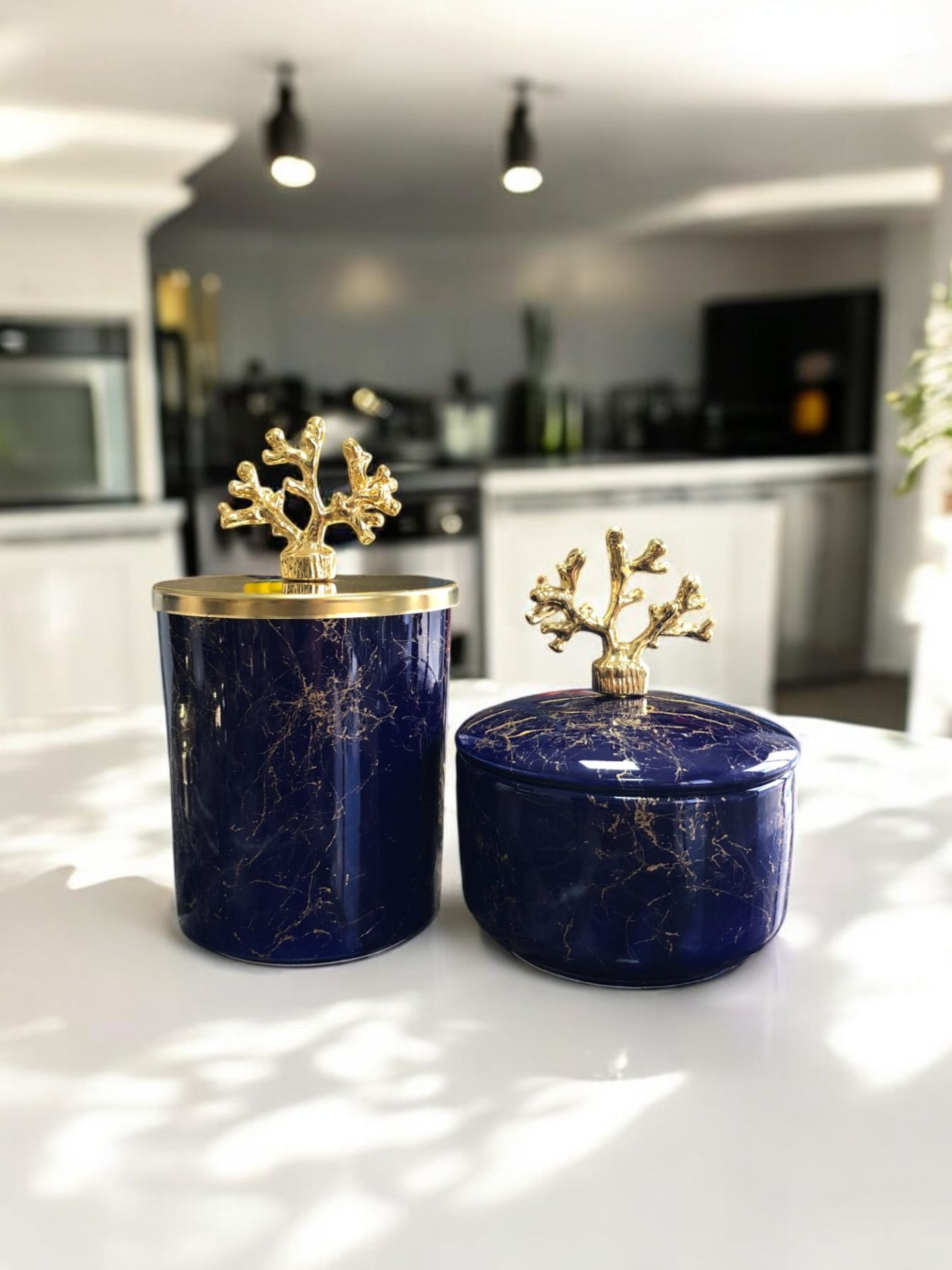 Dekoratif Mutfak Aksesuarı 2 li Lacivert Gold Mermer Silindir Lacivert Gold Mermer  Obje Gold Mercan