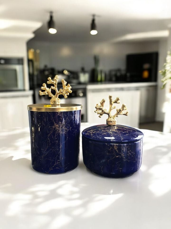 Dekoratif Mutfak Aksesuarı 2 li Lacivert Gold Mermer Silindir Lacivert Gold Mermer  Obje Gold Mercan