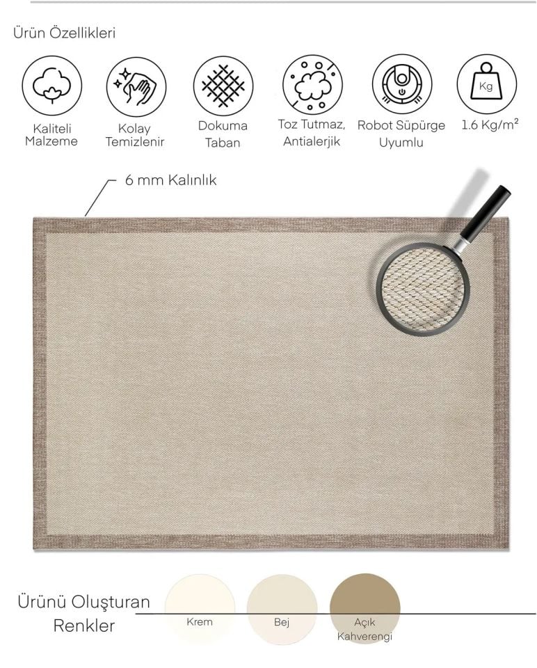 Alfa Serisi Makinede Yıkanabilir Krem/Bej Sisal Halı NX-45