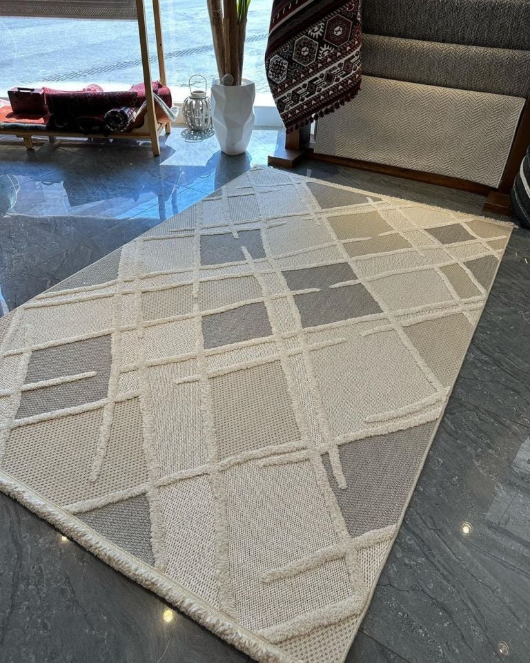 FIRSAT ÖLÇÜ Hav Toz Vermeyen Modern Dayanıklı Bej Gri Halı