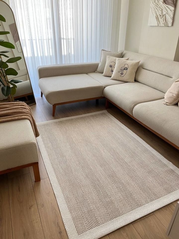 Alfa Serisi Makinede Yıkanabilir Beyaz/Bej Sisal Halı NX-12