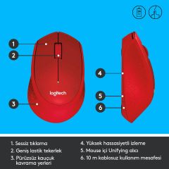 Logitech M330 Sessiz Kablosuz Optik Mouse - Kırmızı 910-004911