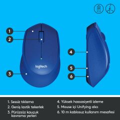 Logitech M330 Sessiz Kablosuz Optik Mouse - Mavi 910-004910