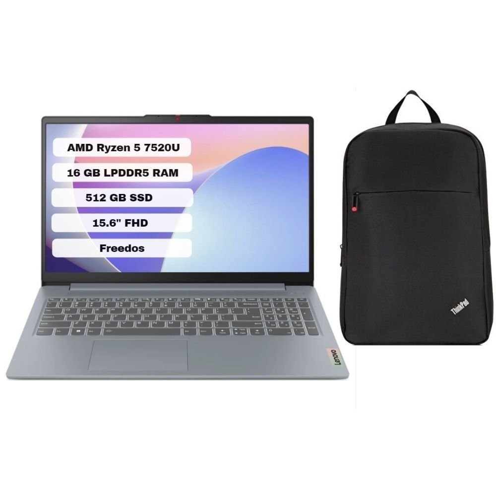 Lenovo IdeaPad Slim 3 15AMN8 AMD Ryzen 5 7520U 16GB 512GB SSD Freedos 15.6'' FHD Taşınabilir Bilgisayar 82XQ00DATX + Çanta