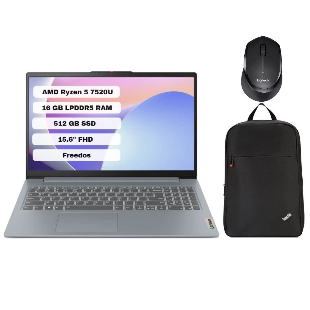 Lenovo IdeaPad Slim 3 15AMN8 AMD Ryzen 5 7520U 16GB 512GB SSD Freedos 15.6'' FHD Taşınabilir Bilgisayar 82XQ00DATX + Çanta + Logitech Mouse