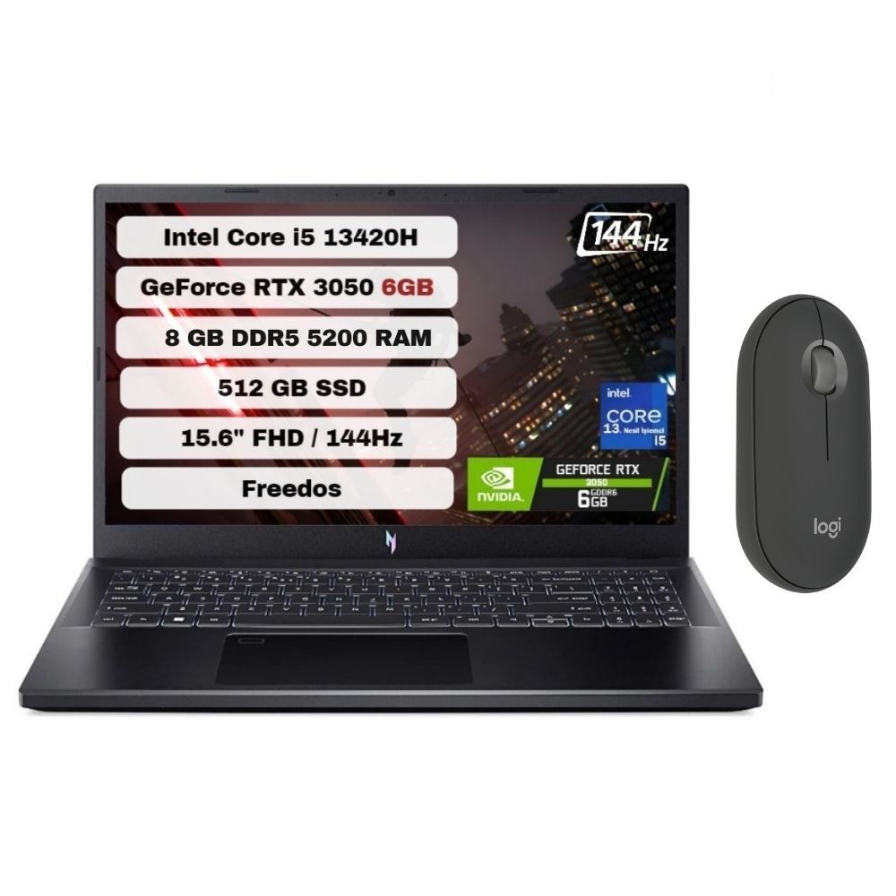 Acer Nitro V 15 NH.QNCEY.001 Intel Core i5 13420H 8GB 512GB SSD RTX3050 Freedos 15.6'' FHD Taşınabilir Bilgisayar ANV15-51-59CJ + Logitech Pebble M350S Mouse