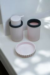 3 Parça Sert Plastik Banyo Seti/ Sıvı Sabunluk, Diş Fırçalık ve Katı Sabunluk-Toz Pembe
