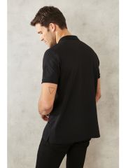 Slim Fit Dar Kesim Simsiyah Kıvrılmaz Polo Yaka T-shirt