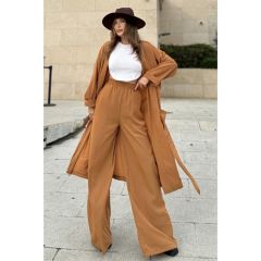 New Laviva Kadın Taba Çift Cepli Uzun Kimono & Bol Paça Pantolon - Salaş Alt & Üst Takım