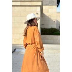 New Laviva Kadın Taba Çift Cepli Uzun Kimono & Bol Paça Pantolon - Salaş Alt & Üst Takım