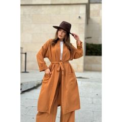 New Laviva Kadın Taba Çift Cepli Uzun Kimono & Bol Paça Pantolon - Salaş Alt & Üst Takım