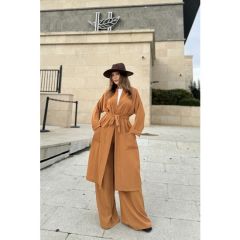New Laviva Kadın Taba Çift Cepli Uzun Kimono & Bol Paça Pantolon - Salaş Alt & Üst Takım