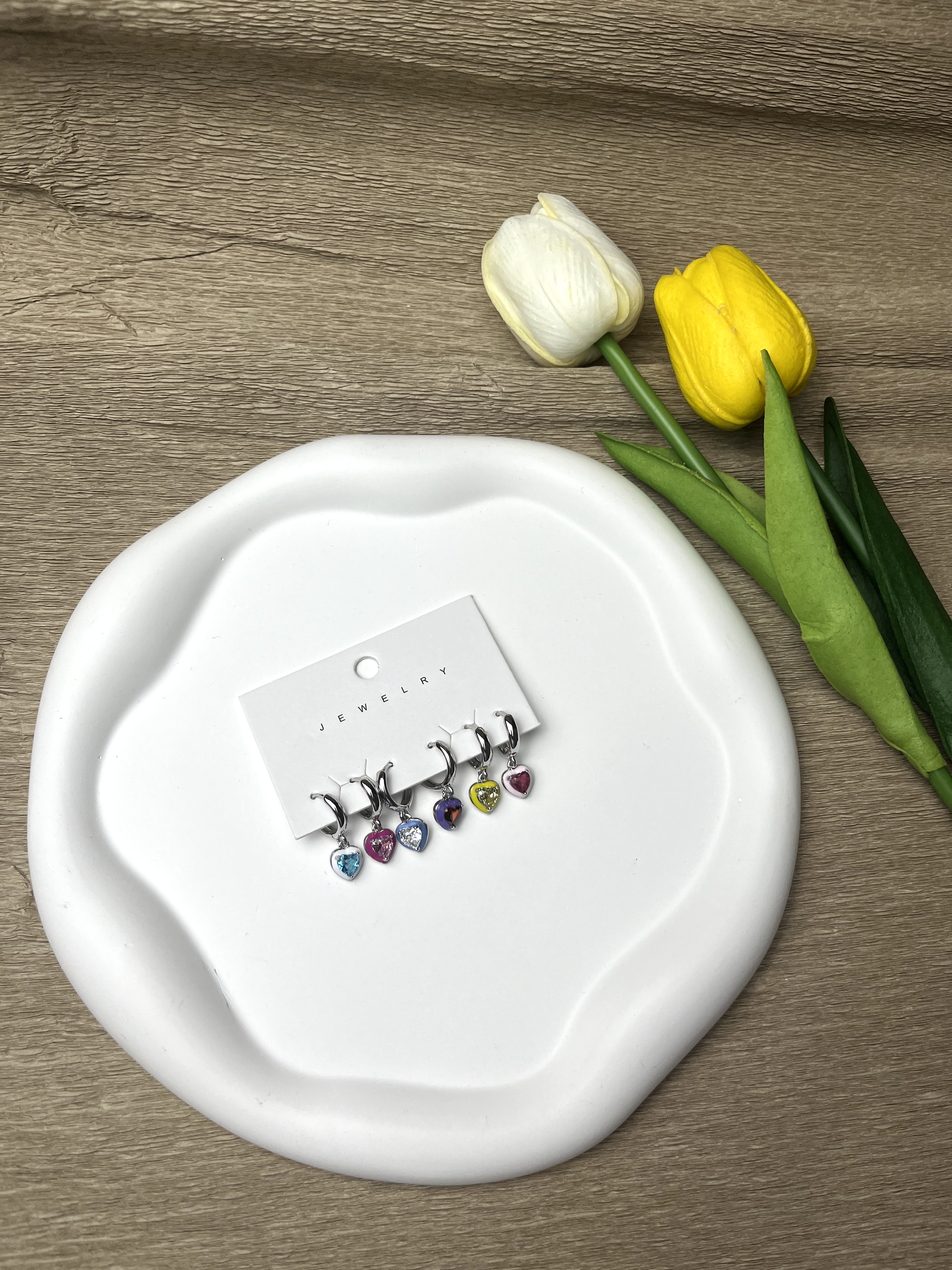 Gümüş Rengi Kalp Figürlü Renkli 6'lı Set Küpe