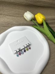 Gümüş Rengi Kalp Figürlü Renkli 6'lı Set Küpe