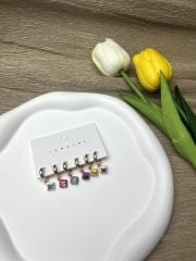 Rose Rengi Kare Figürlü Renkli 6'lı Set Küpe