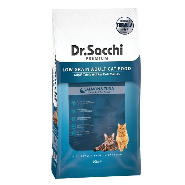 Dr.Sacchi Premium Düşük Tahıllı Somonlu ve Ton Balıklı Kedi Maması 10 Kg