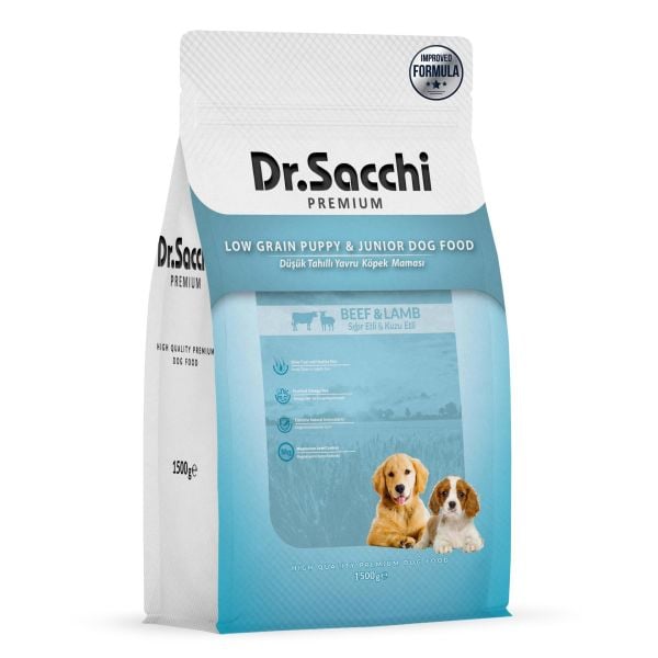 Dr.Sacchi Premium Düşük Tahıllı Sığır Etli ve Kuzu Etli Yavru Köpek Maması 1,5 kg