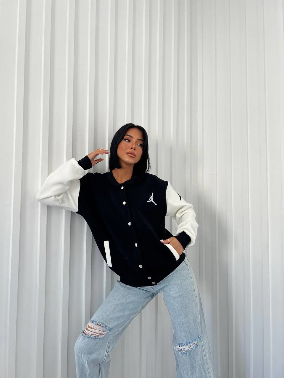 Unisex Oversize Pamuklu Kolej Ceketi Siyah Siyah - L