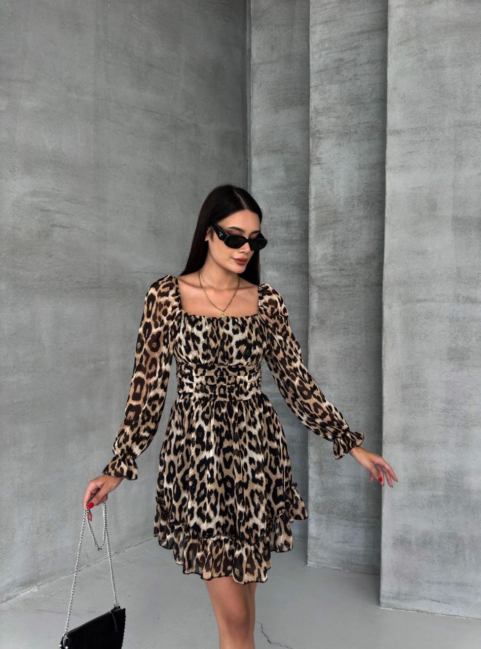 Madonna Kare Yaka Fırfırlı Şifon Mini Leopar Elbise Leopar - L