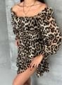 Madonna Kare Yaka Fırfırlı Şifon Mini Leopar Elbise Leopar - L