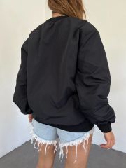 Unisex Beli Lastikli Kol Cepli Fermuarlı Bomber Siyah Ceket Siyah - L