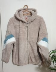 Kapuşonlu Fermuarlı Kolları Renk Bloklu Oversize Peluş Sweathırt Ceket Hırka Su Yeşili - S