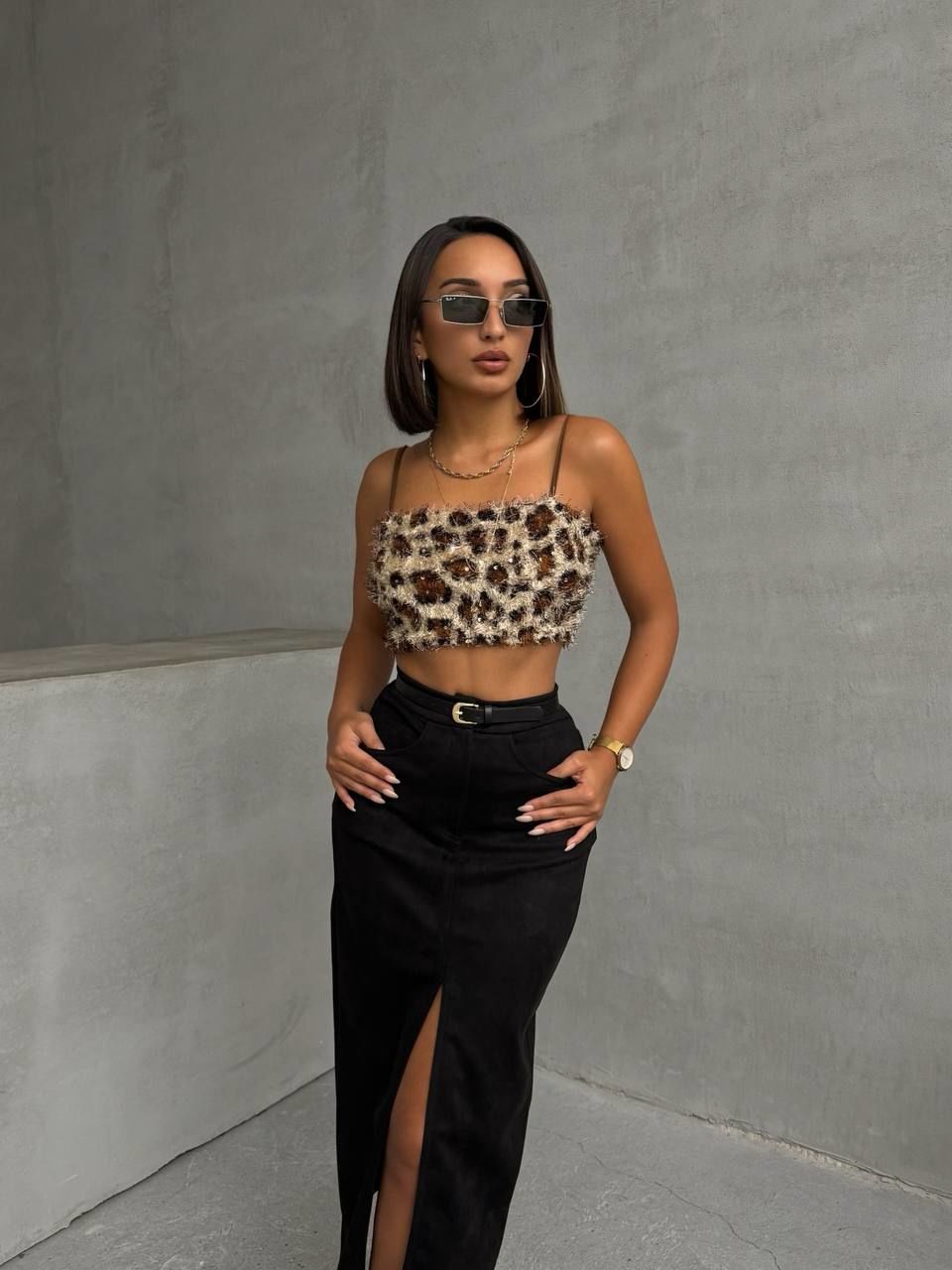 İnce Askılı Sakallı Payetli Leopar Büstiyer Bluz Leopar - XL