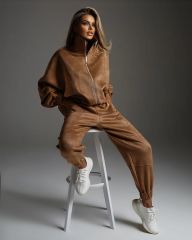 Unisex Oversize Bol Kesim Süet Ceket Pantolon ikili Takım Kahverengi Kahverengi - S