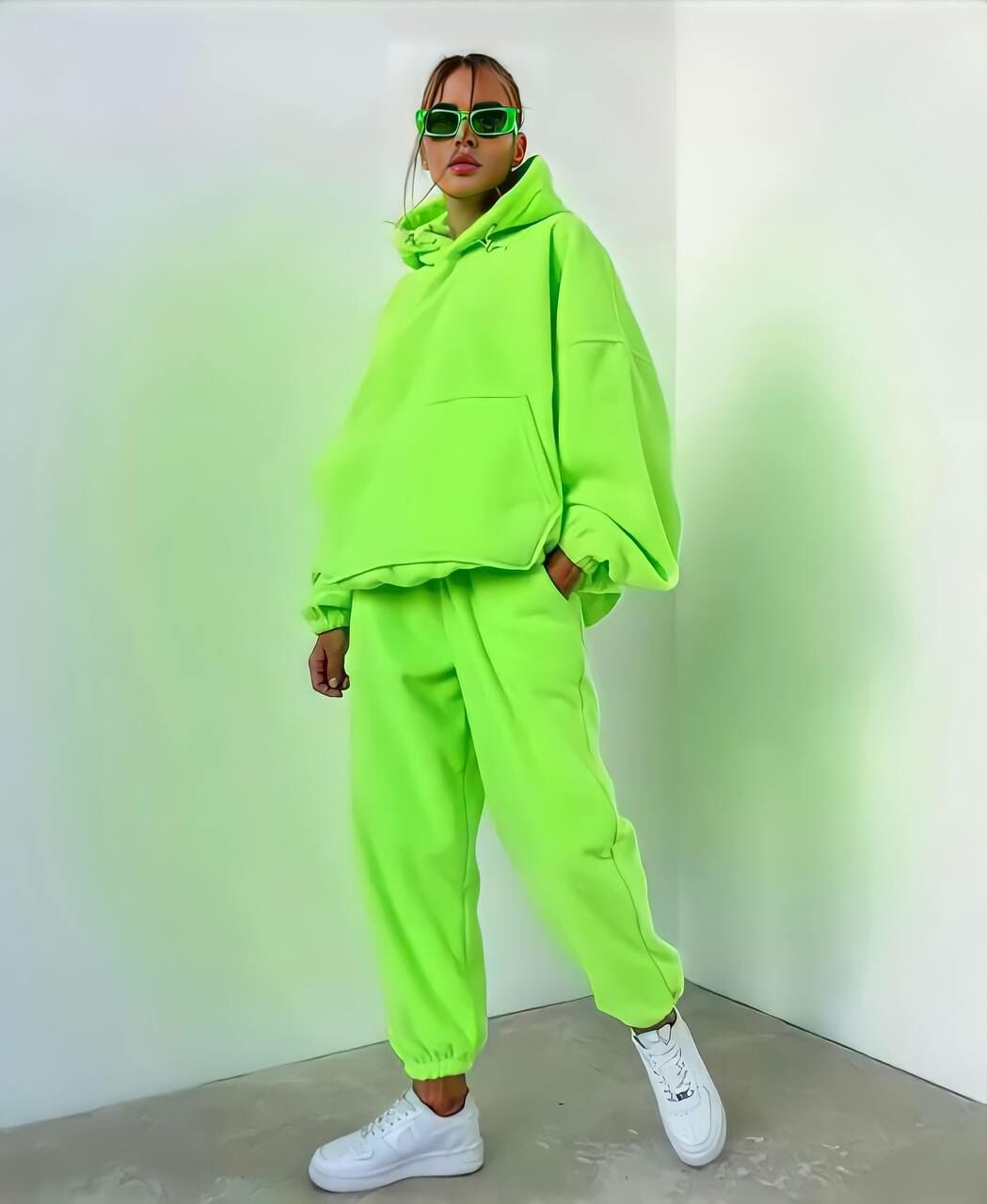 Unisex Kapişonlu Kanguru Cep Bol Kesim Oversize İkili Sweat Takım Neon Yeşil Neon-Yeşil - L