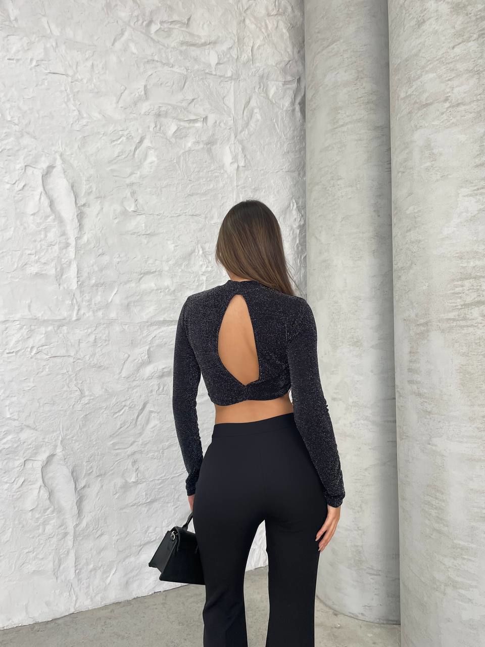 Sırtı Açık Simli Kumaş Kısa Crop Bluz Siyah Siyah - L
