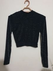 Sırtı Açık Simli Kumaş Kısa Crop Bluz Siyah Siyah - L