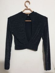 Sırtı Açık Simli Kumaş Kısa Crop Bluz Siyah Siyah - L