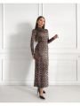 Leopar Dik Yaka Uzun Kol Maxi Boy Elbise Leopar - L
