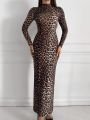 Leopar Dik Yaka Uzun Kol Maxi Boy Elbise Leopar - L