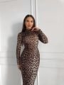 Leopar Dik Yaka Uzun Kol Maxi Boy Elbise Leopar - L