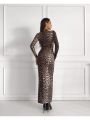 Leopar Dik Yaka Uzun Kol Maxi Boy Elbise Leopar - L