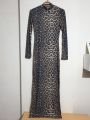 Leopar Dik Yaka Uzun Kol Maxi Boy Elbise Leopar - L