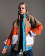 Unisex Renk Bloklu Büyük Cepli Salaş Oversize Peluş Mont Ceket Vizon - M