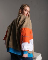 Unisex Renk Bloklu Büyük Cepli Salaş Oversize Peluş Mont Ceket Vizon - M