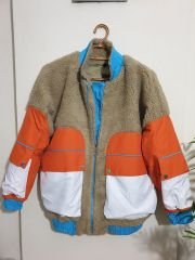 Unisex Renk Bloklu Büyük Cepli Salaş Oversize Peluş Mont Ceket Vizon - M