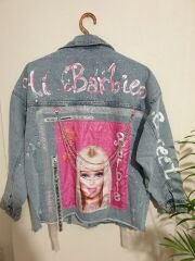 Özel Tasarım Çok Desenli Oversize Jean Ceket Mavi L