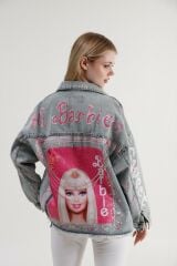 Özel Tasarım Çok Desenli Oversize Jean Ceket Mavi L