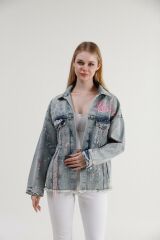Özel Tasarım Çok Desenli Oversize Jean Ceket Mavi L