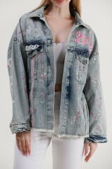 Özel Tasarım Çok Desenli Oversize Jean Ceket Mavi L