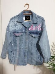 Özel Tasarım Çok Desenli Oversize Jean Ceket Mavi L