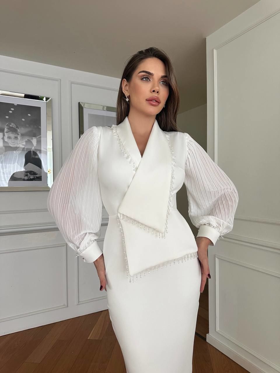 Vatkalı Ceket Yaka  Taş Detaykı Taşlı Dizaltı Midiboy Elbise Beyaz - XL