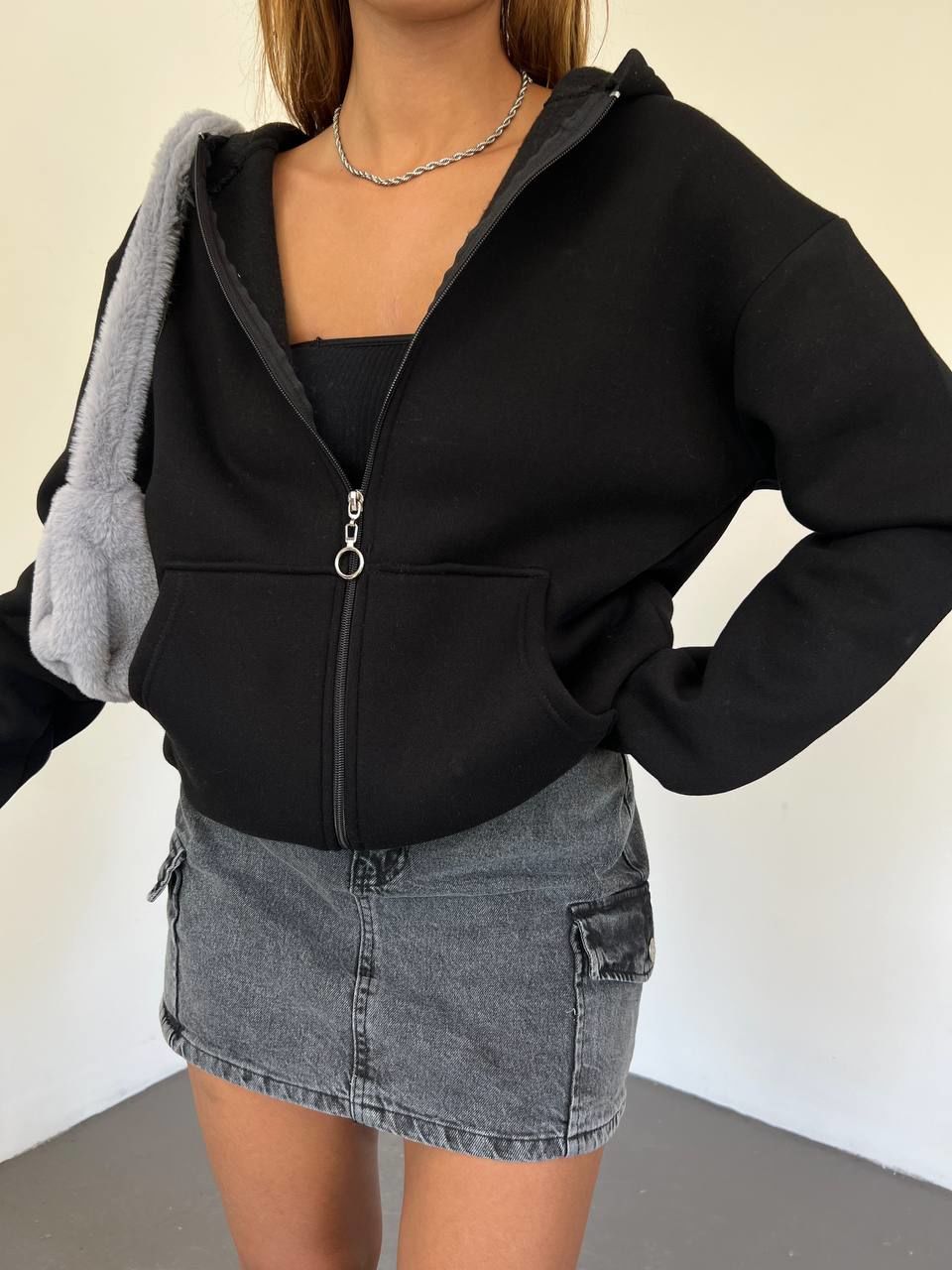 Unisex Kapüşonlu Fermuarlı Rahat Kalıp Sweatshırt Hırka Siyah - L